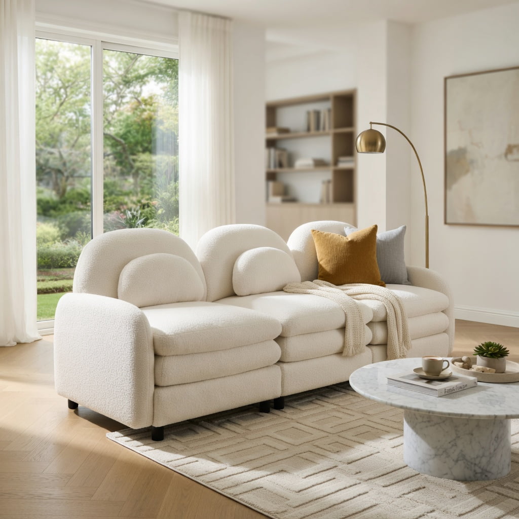 Hommoo Teddy Fleece Modular Loveseat Sofa, 2-Seater Cloud-Like Comfort Couch with Curved Backrest, Lumbar Pillows & Double-Layer Cushions, Beige