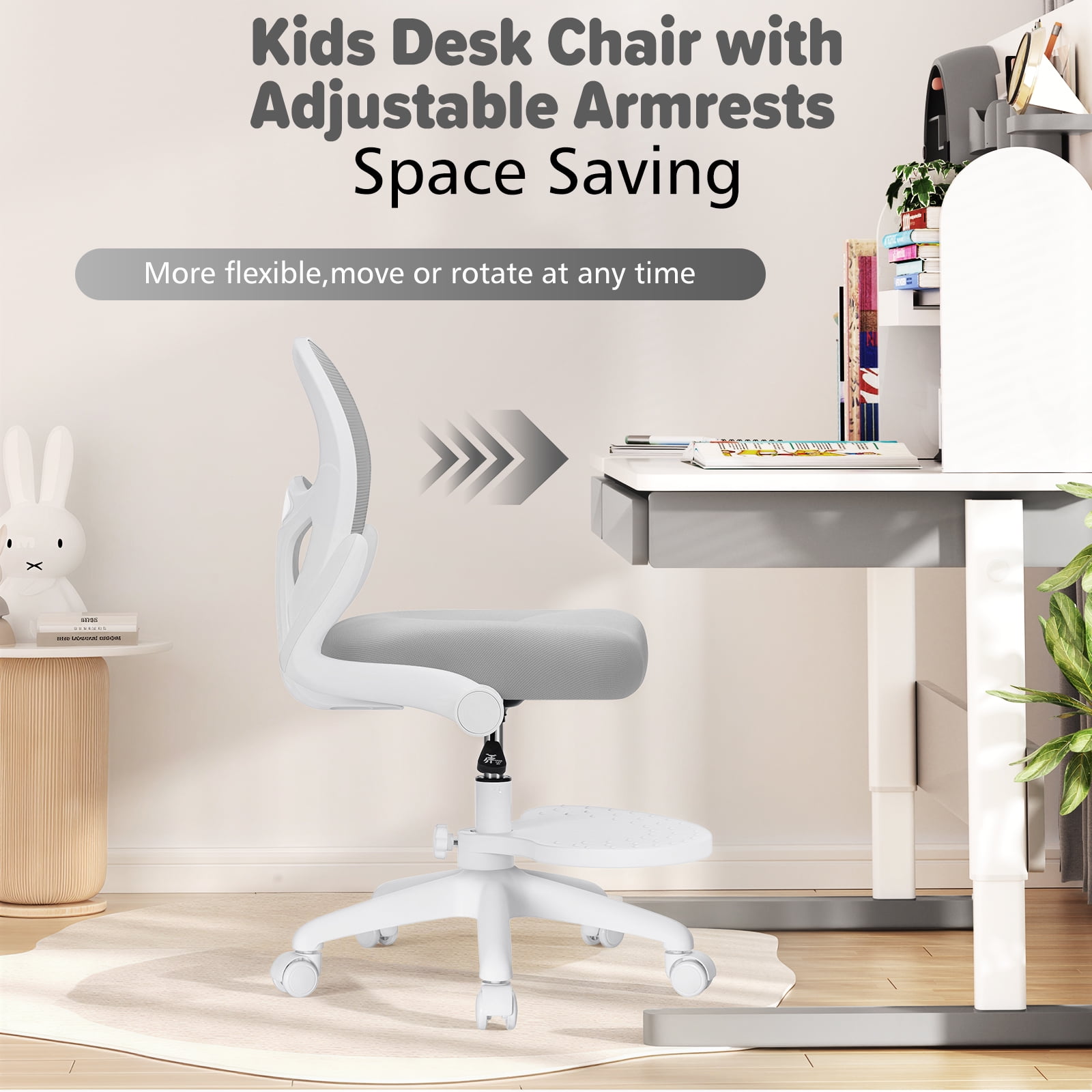 Hoffree Kids Desk Chair with Flipped Arms Wheels Ergonomic Study Chair with Footrest Adjustable Height Rolling Desk Chair for Teens Boys Girls in Study Room Grey