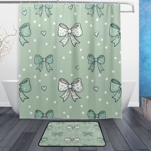 Bathroom Sets Curtain and Rug Sets 23.6x15.7 in Non-Slip Mat and 60x72 in Shower Curtain for Home Bath Dcor Green and Mint Bows