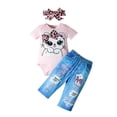 thumbnail image 3 of JIAYUE Baby Girls 3-Piece Outfit Short Sleeve Cartoon Print Bodysuit Elastic Waist Denim Pants And Leopard Headband For Outdoor Walking,9-12 Months, 3 of 8