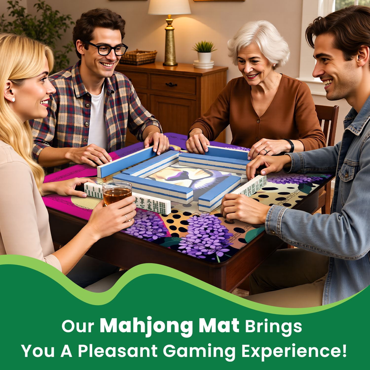 Mahjong Mat 31.5" x 31.5" Majestic Cheetah Surrounded by Purple Lilacs Vibrant Non-Slip Noise Reduction American Mahjong Tiles Table Cover for Dominoes Poker Card Board Games Gift