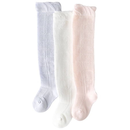 WUXIAN Girls Baby Socks 3 Pairs Knee High Socks Toddler Cartoon Printed Mesh Breathable Dress Socks Kids Cotton Uniform Multicolour Stockings Purple 3-4 Years