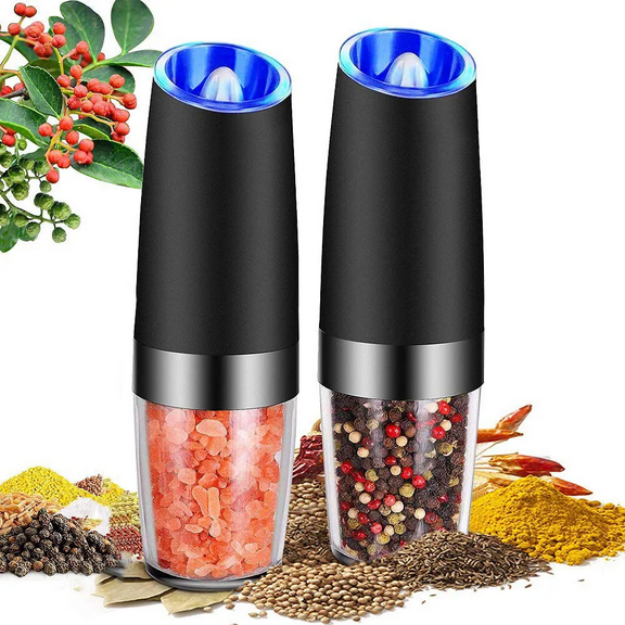 2 Pack Electric Pepper and Salt Grinder Set, Adjustable Coarseness, Battery Powered with LED Light, One Hand Automatic Operation, Stainless Steel Black