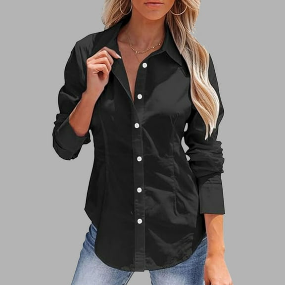 Royisotas Casual Women's Tops Cotton Linen Fall Slim Long Sleeve Women's Button Down Shirts and Blouses Black Formal Solid Collared Button up Shirts