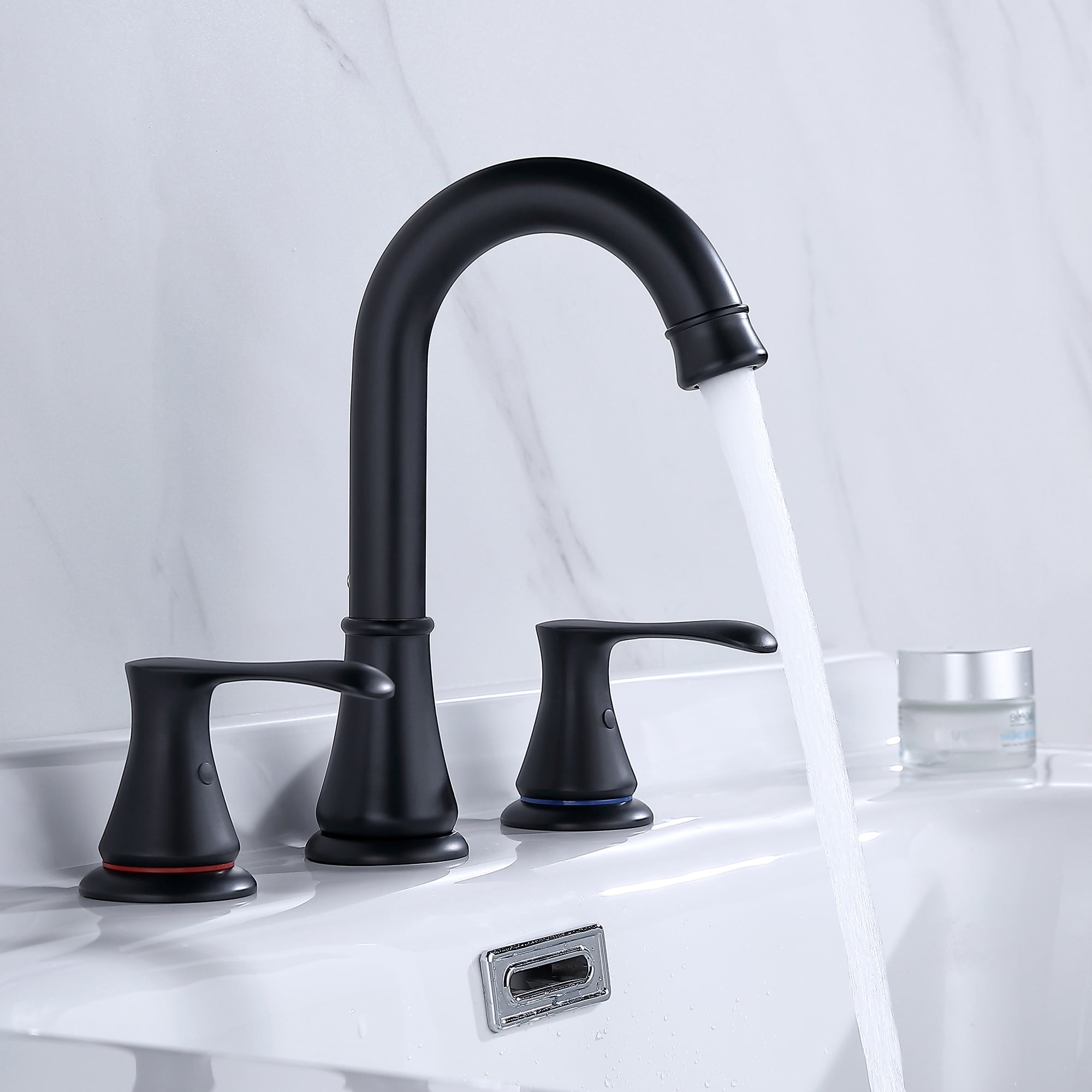 Adorer 3 Hole Bathroom Faucet with Pop-up Drain, 360 Degree Swivel Spout 2 Handle 8 inch Matte Black Widespread Bathroom Sink Faucet, Basin Faucet Mixer Taps