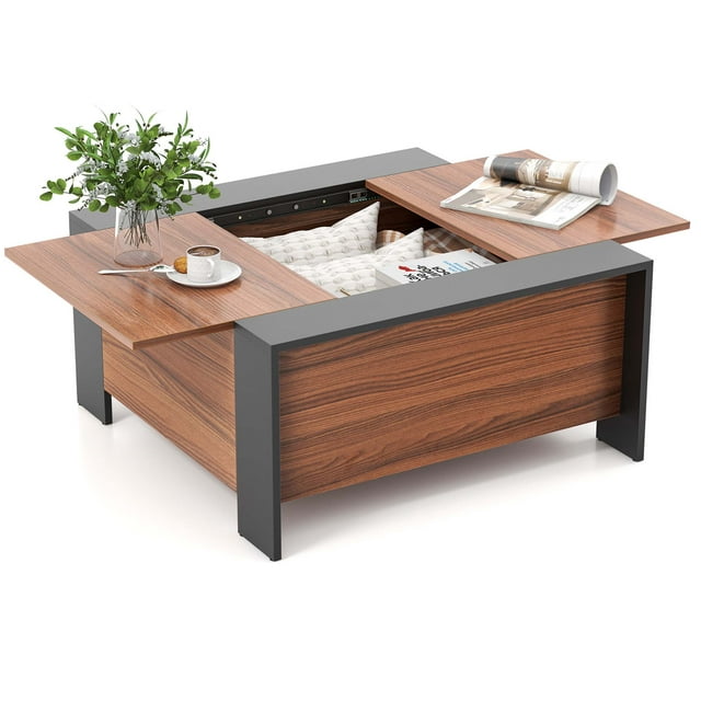 Costway 36.5" Coffee Table Square Cocktail Tea Table with Sliding Top & Hidden Compartment Rustic Brown