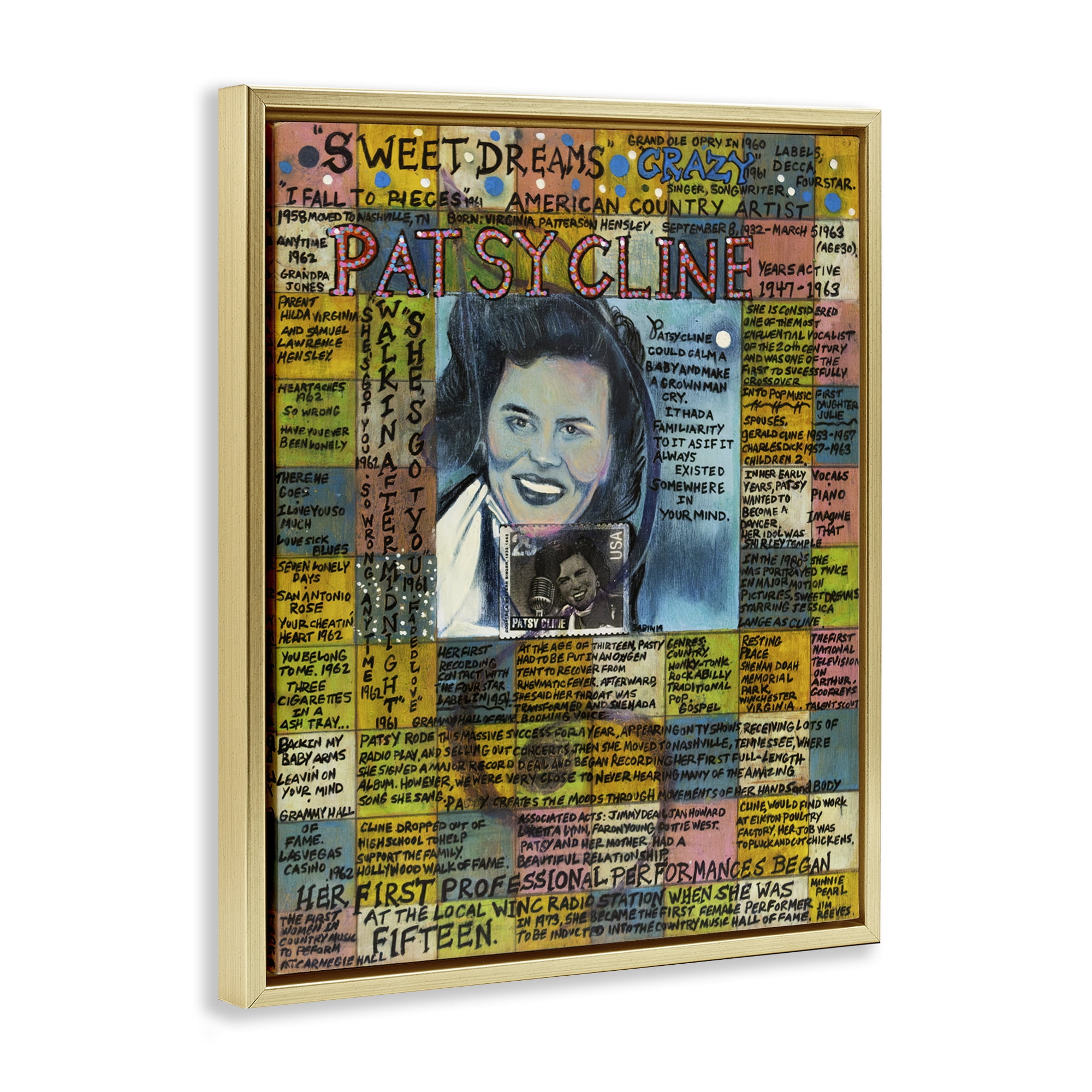 Stupell Industries Patsy Cline Collage People Drawing Gold Floater Framed Canvas Art Print Wall Art, 17 x 21