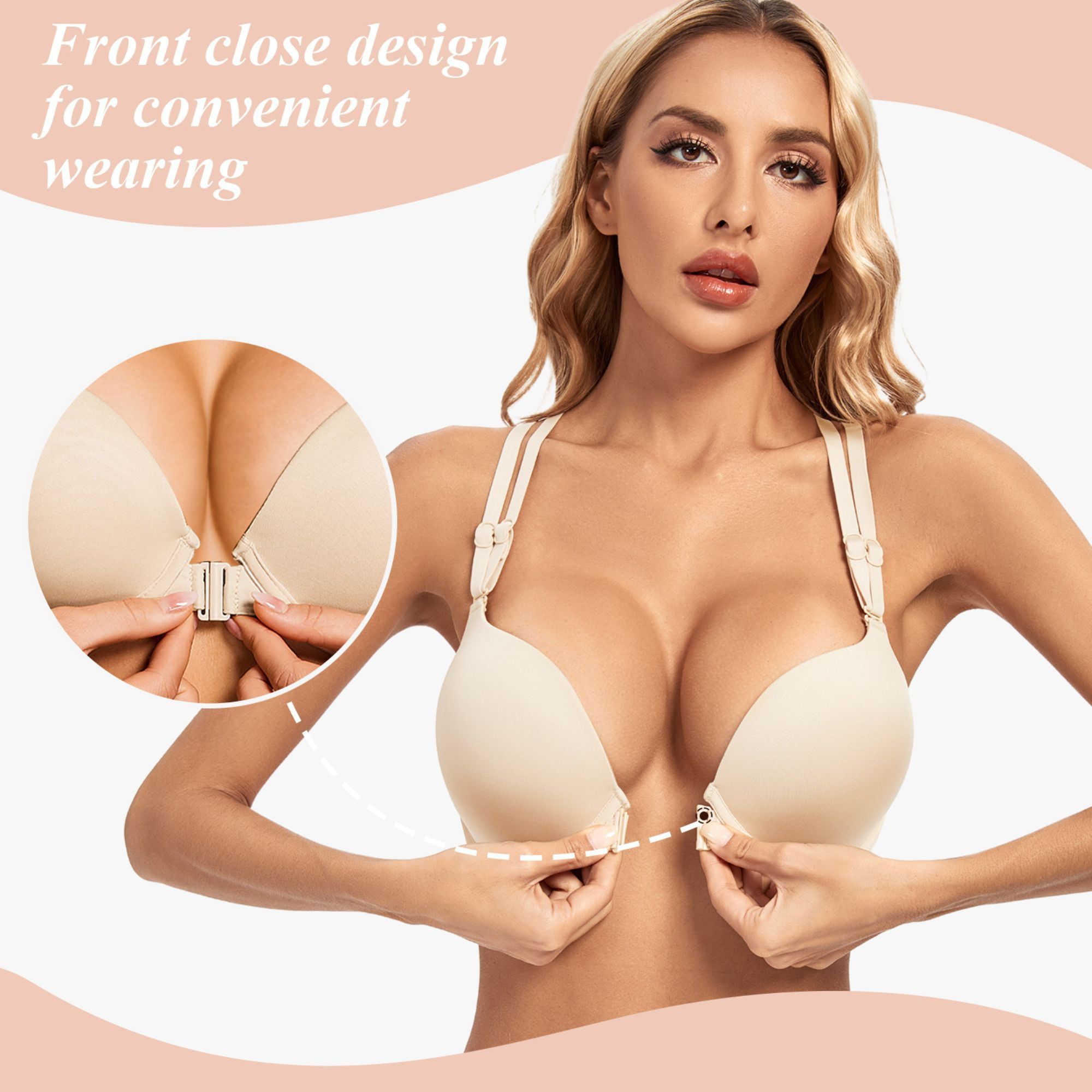 YANDW Women's Push Up Bra Racerback Front Closure Criss-Cross Padded T-Shirt Bras Underwire Add Cup, Beige 44A