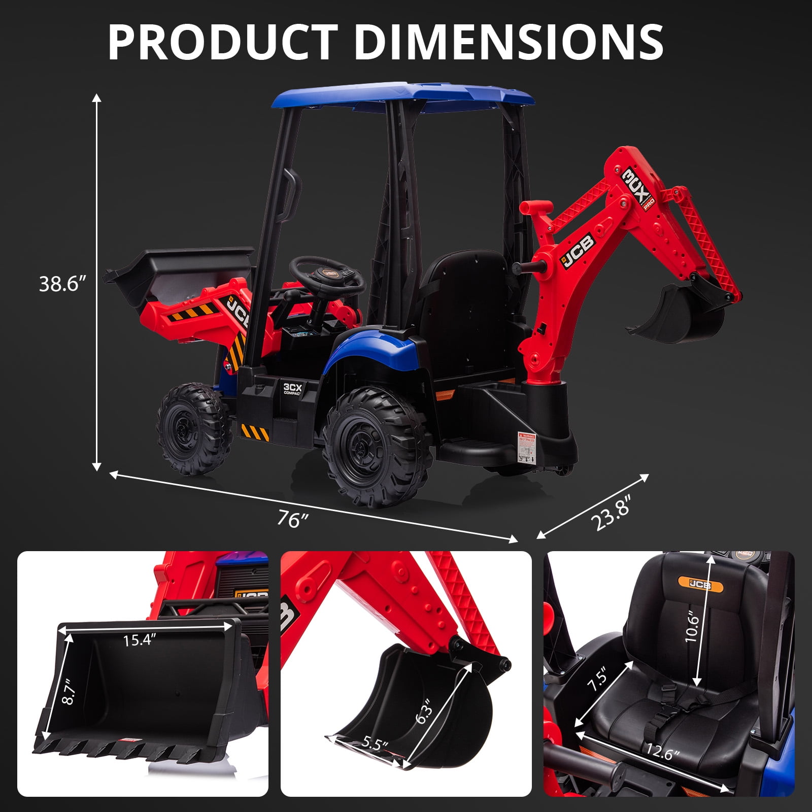 4-in-1 Transformable JCB Ride-on Excavator for Kids, 12v Remote Control Toy with Front Loader & Digger Functions,Kids Outdoor Toy Car, Engineering Truck