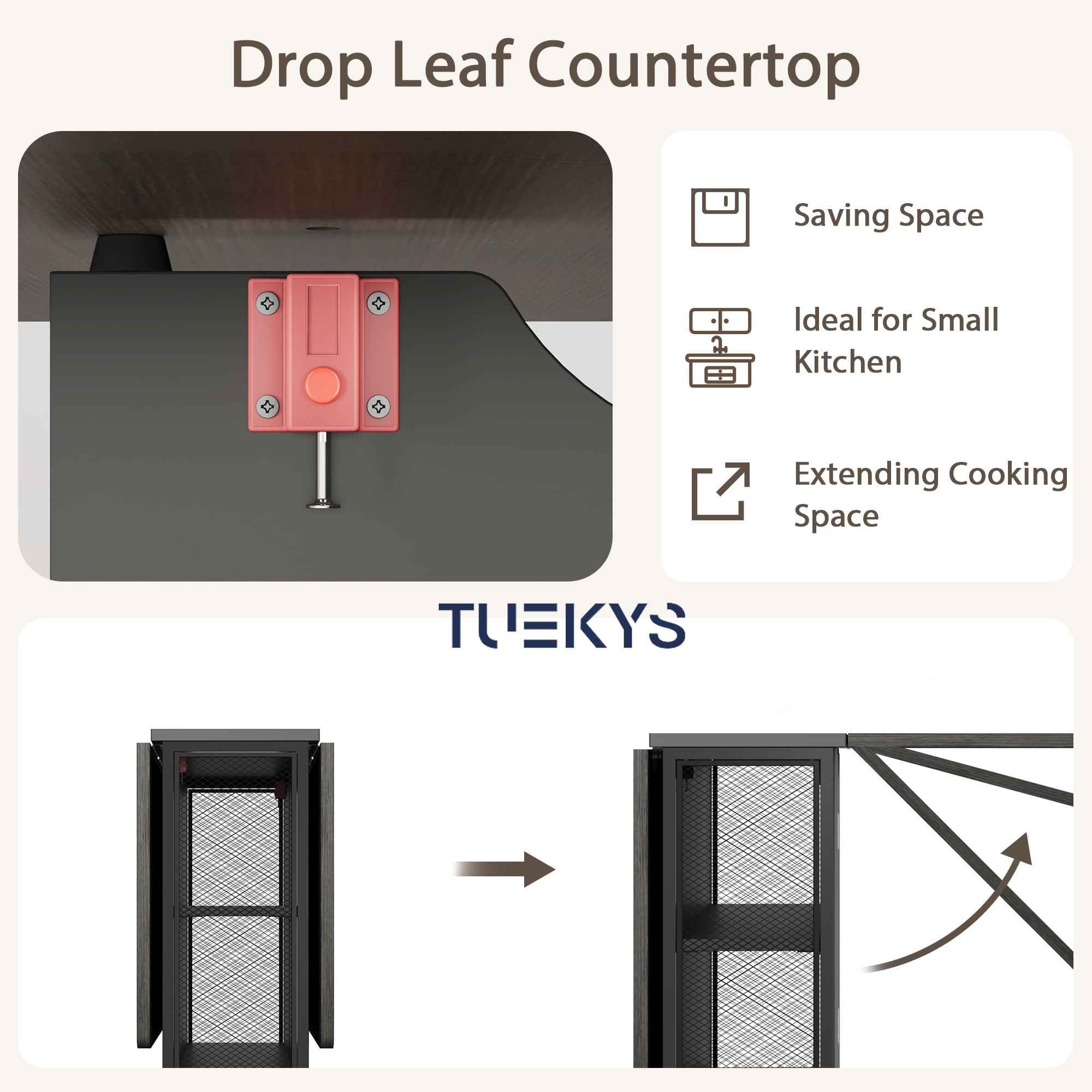 Tuekys Folding Dining Table Drop Leaf Kitchen Table with 2 Storage Racks-Perfect for Small Spaces Multifunction Space Saving Table Extension Dinner Table Kitchen Office Desk Gray