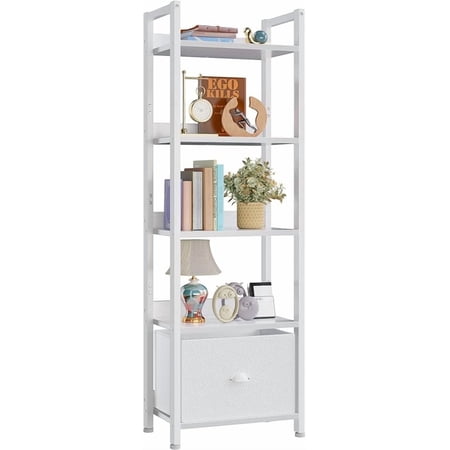Bookshelf with Drawer Tall Bookcase with Shelves Narrow Bookshelves Storage Organizer Wood and Metal Display Standing Shelf Unit for Bedroom Living Room