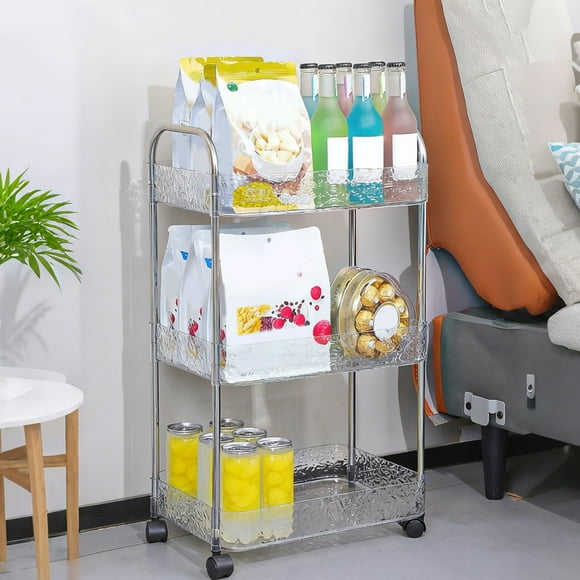 Chariot de Rangement à Étages, Organisateur Utilitaire à 3 Tablettes avec Roues, Armoire Mobile pour Cuisine Salle de Bain Salon, Chariot en Plastique Transparent pour l'Organisation de la Maison, Étagère de Rangement Gain de Place