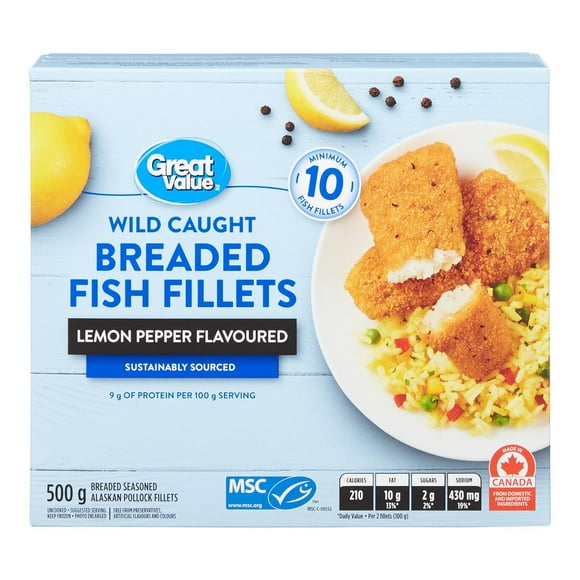 Great Value Lemon Pepper Flavoured Breaded Fish Fillets, 500 g ( minimum 10 battered fillets)