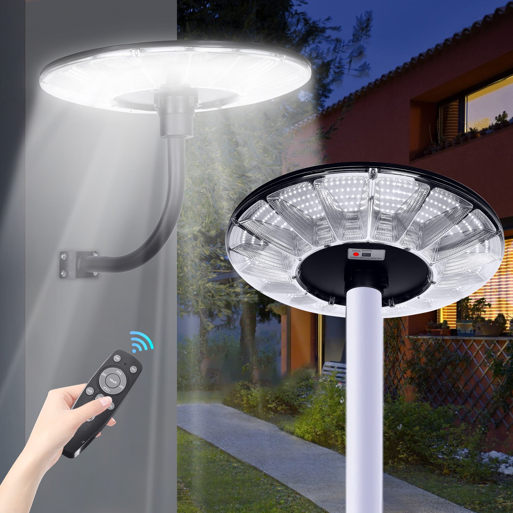 MUCH 10000W Extra Large Solar Light Post Light, 360° Round Solar Street Light Outdoor Waterproof Montion Sensing Dusk to Dawn Lamp with Remote and Pole for Garden, Patio,Road,Countr yard