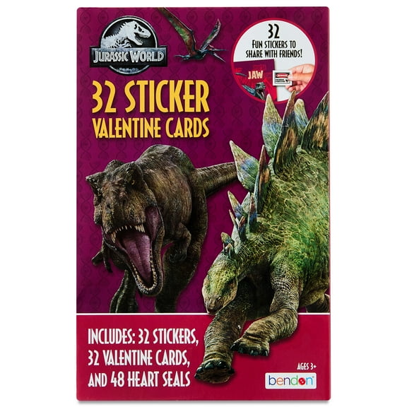 Jurassic World Dinosaur Valentine’s Day Cards, 32 Classroom Exchange Greeting Cards with Stickers for Kids