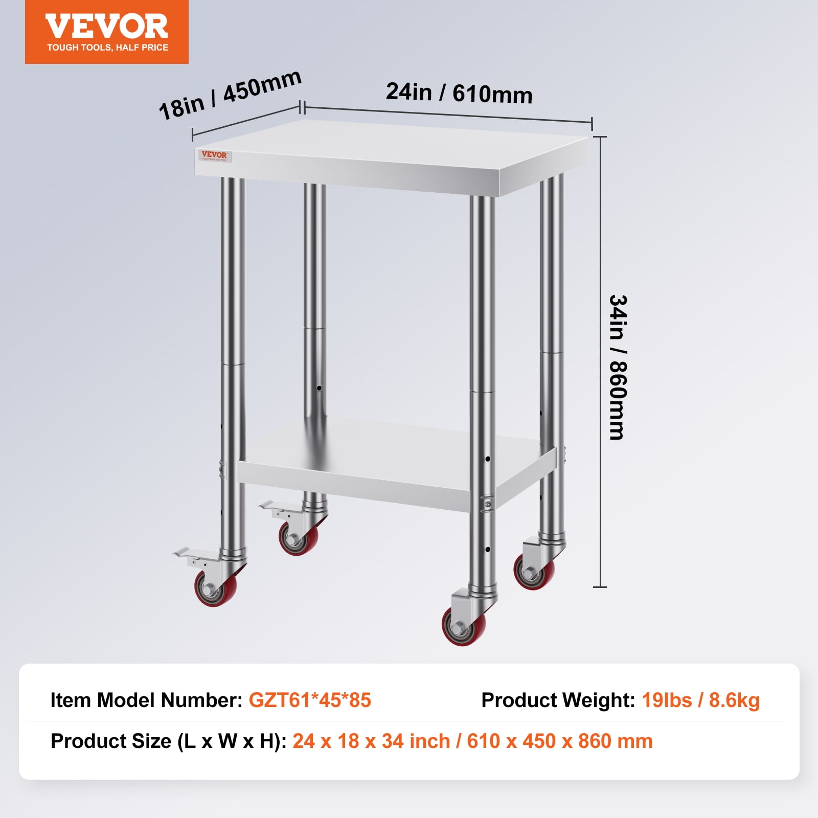 VEVOR Stainless Steel Work Table 24 x 18 x 34 Inch, 700 LBS Load Capacity with 4 Wheels, 3 Adjustable Height Levels, Heavy Duty Food Prep Worktable for Commercial Kitchen Restaurant, Silver