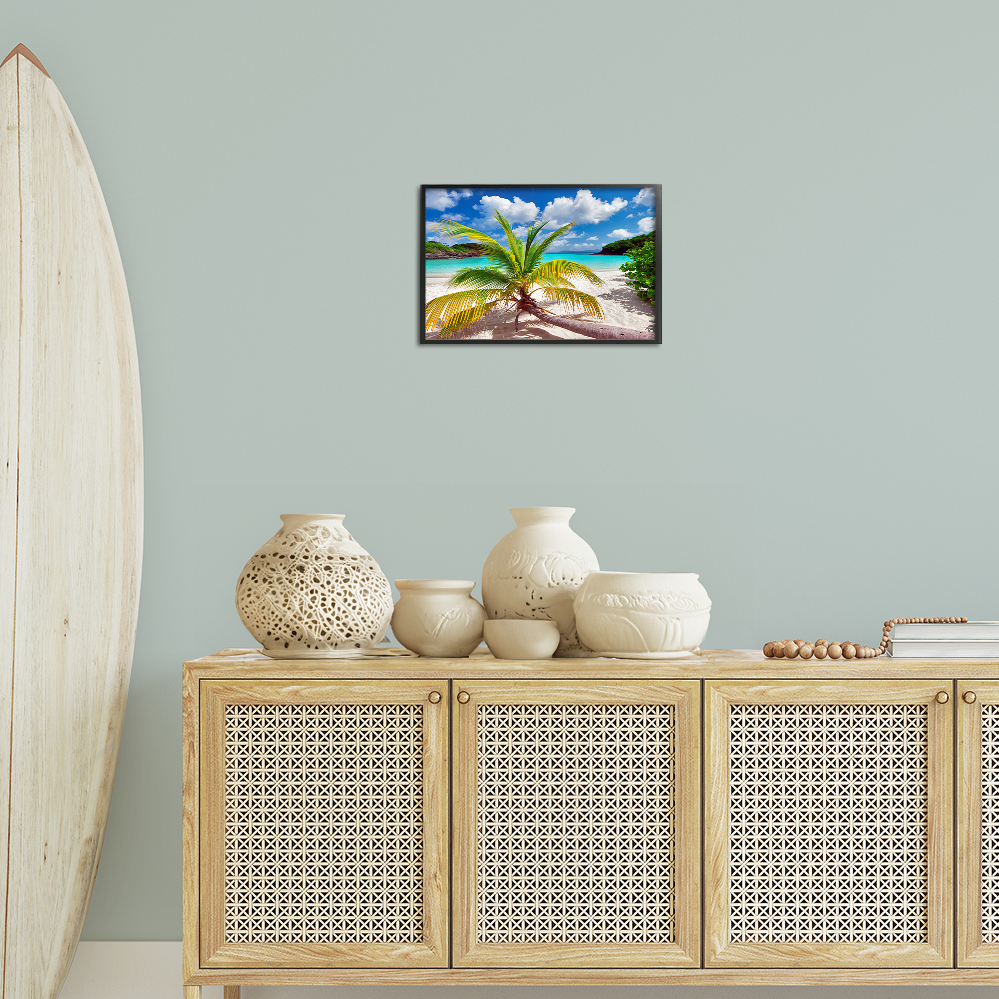 Stupell Industries Palm Tree Across Beach Coastal Photography Black Framed Art Print Wall Art, 18 x 12