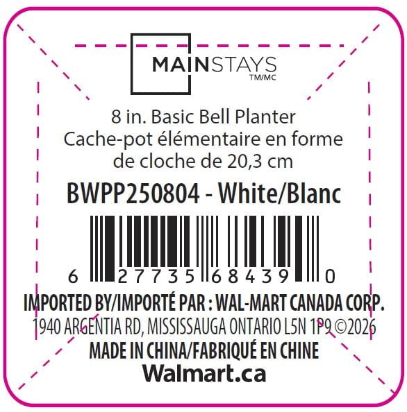 Mainstays Basic Bell Planter 8 inch White, Classic Design with Attached Tray Durable Weather Resistant Matte Finish