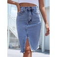 thumbnail image 3 of Women'S High Waisted Split Front Raw Hem Bodycon Midi Denim Skirt Blue M, 3 of 8