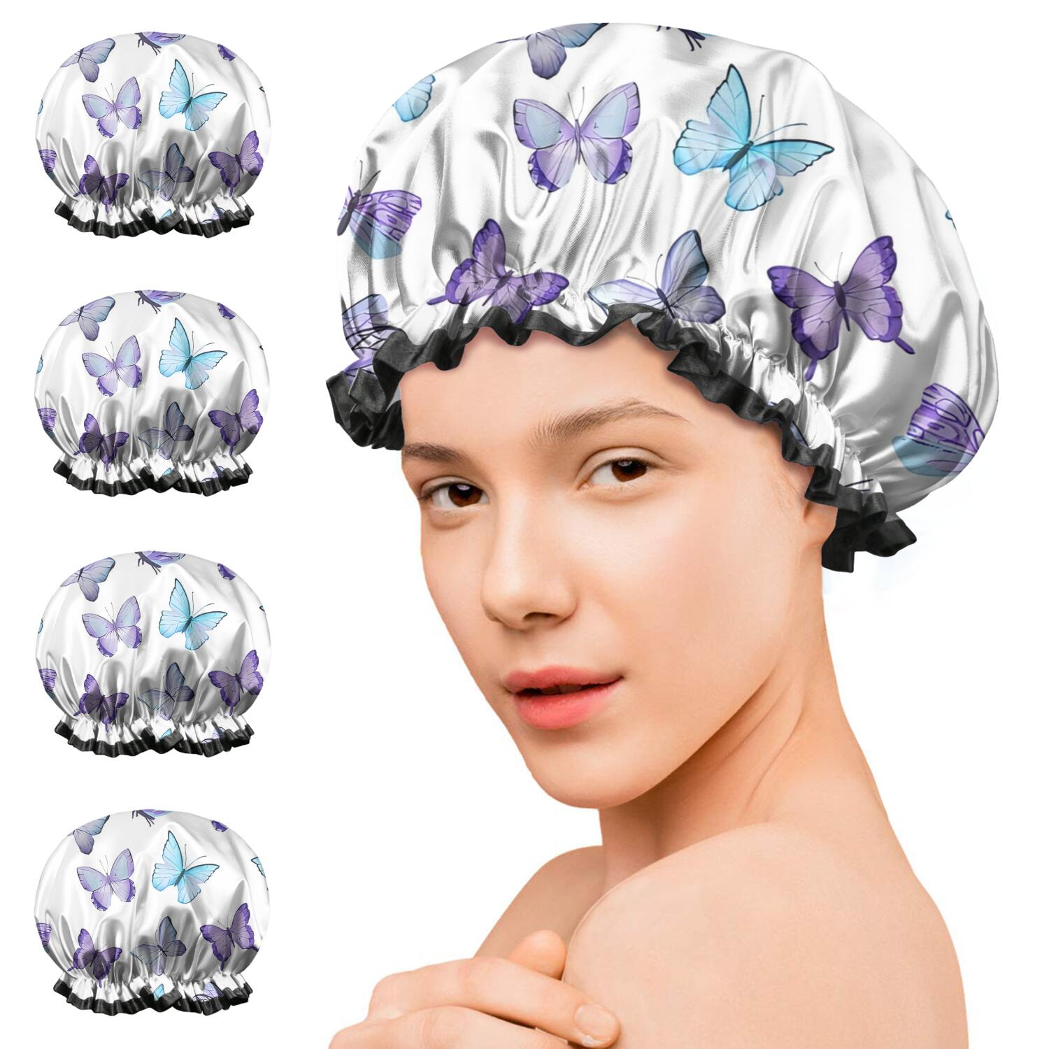 Shower Caps,White Blue Purple Butterfly Pattern Waterproof Shower Cap for Women 4 Pieces,Double Reusable Hair Cover for Shower PEVA Elastic Stretch Hem
