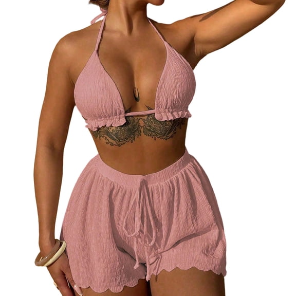 3 Piece Swimsuits for Women Halter Bikini Sets with Drawstring Elastic Waist Scalloped Shorts Swimwear Suits (XL, Pink)