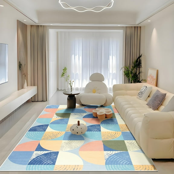Wondo Abstract Round 4x6 Area Rug - Low Pile Soft & Machine Washable for Living Room, Dining Room, Office, Bedroom, Kids Room - Blue