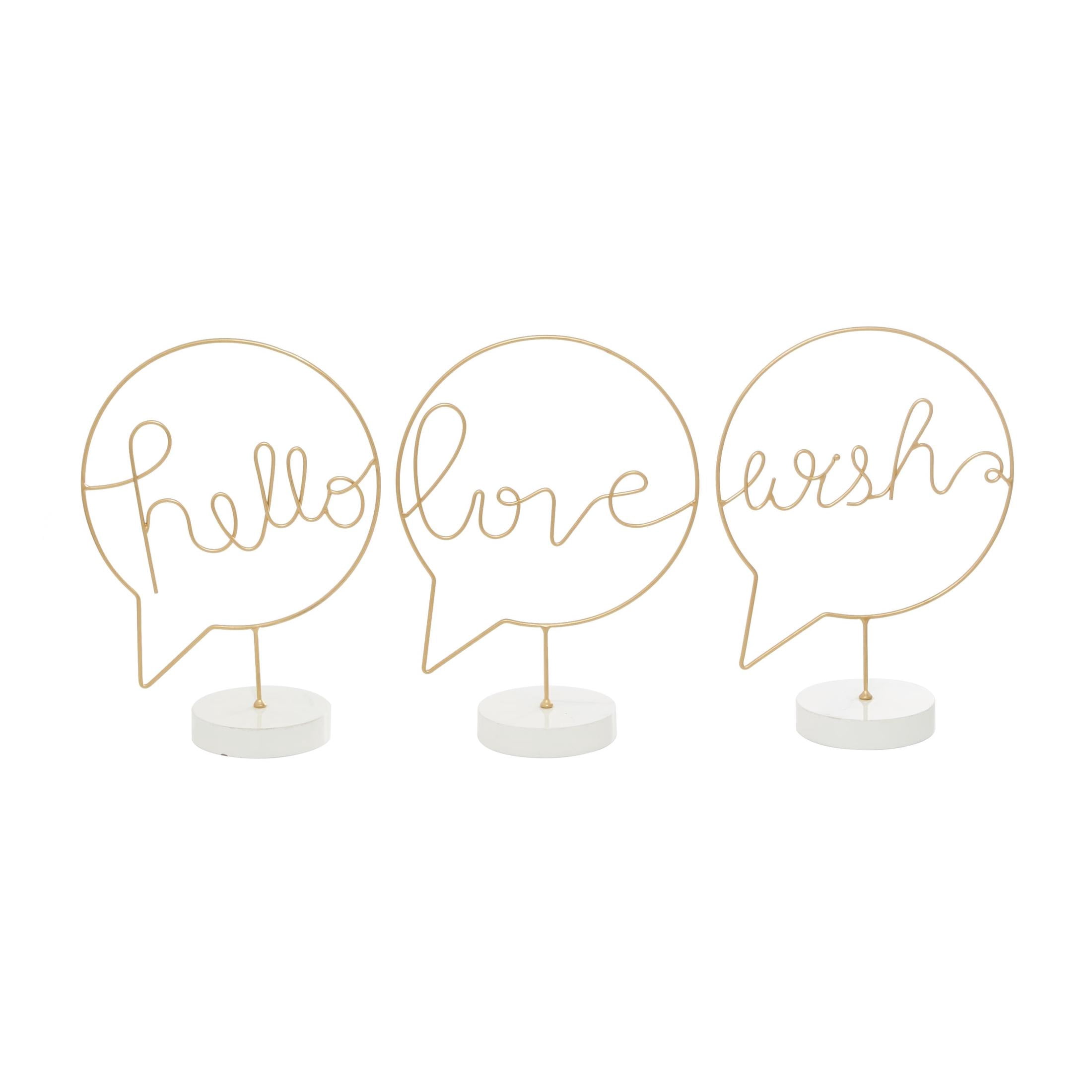 DecMode Sign Hello, Love, Wish Wooden Decorative Sign with Text Bubble Design, 3-Pieces
