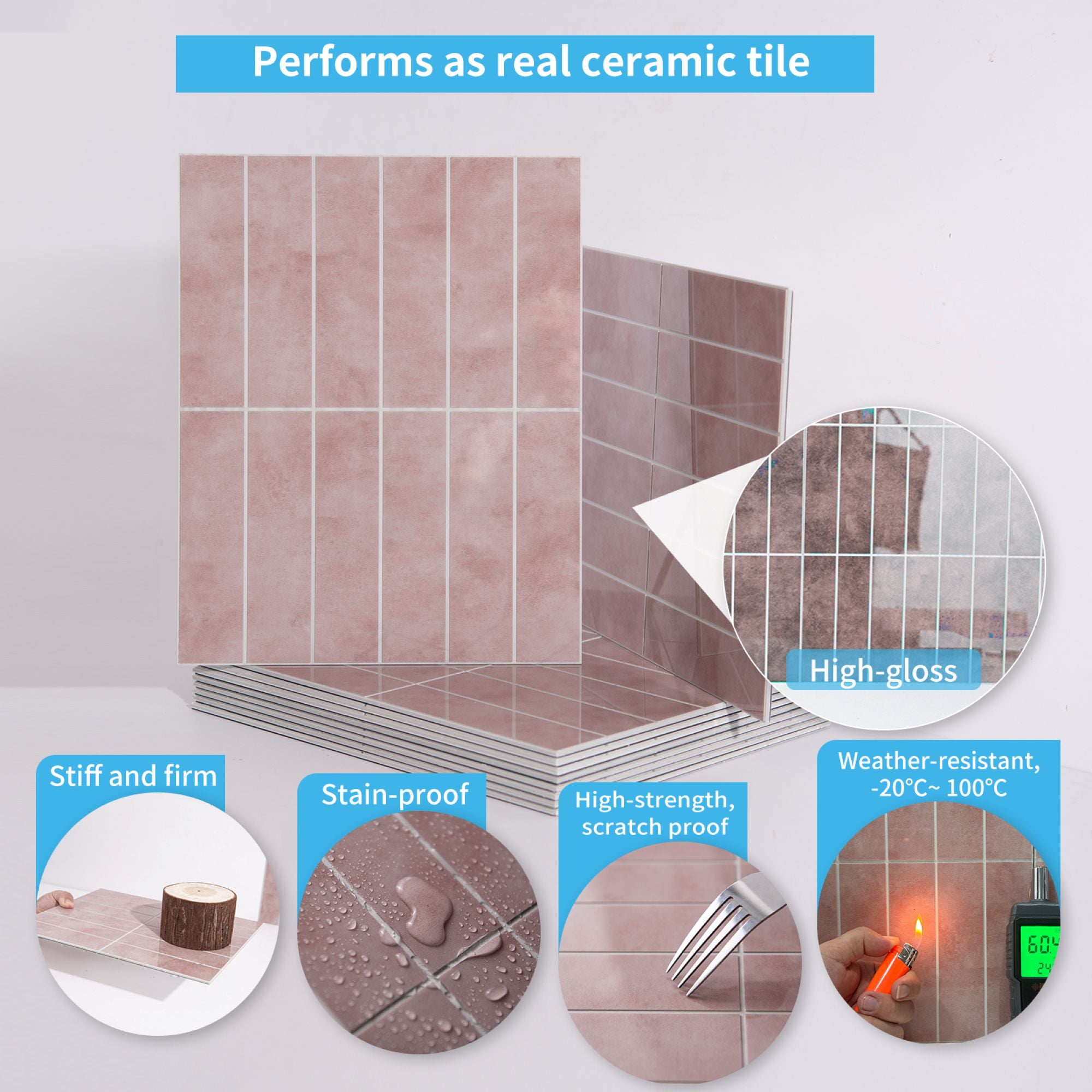 Art3dwallpanel 11.4''x9.1'' Faux Marble Peel & Stick Backsplash for Kitchen,Wall,Pink,7.2sq.ft.(Set of 10)