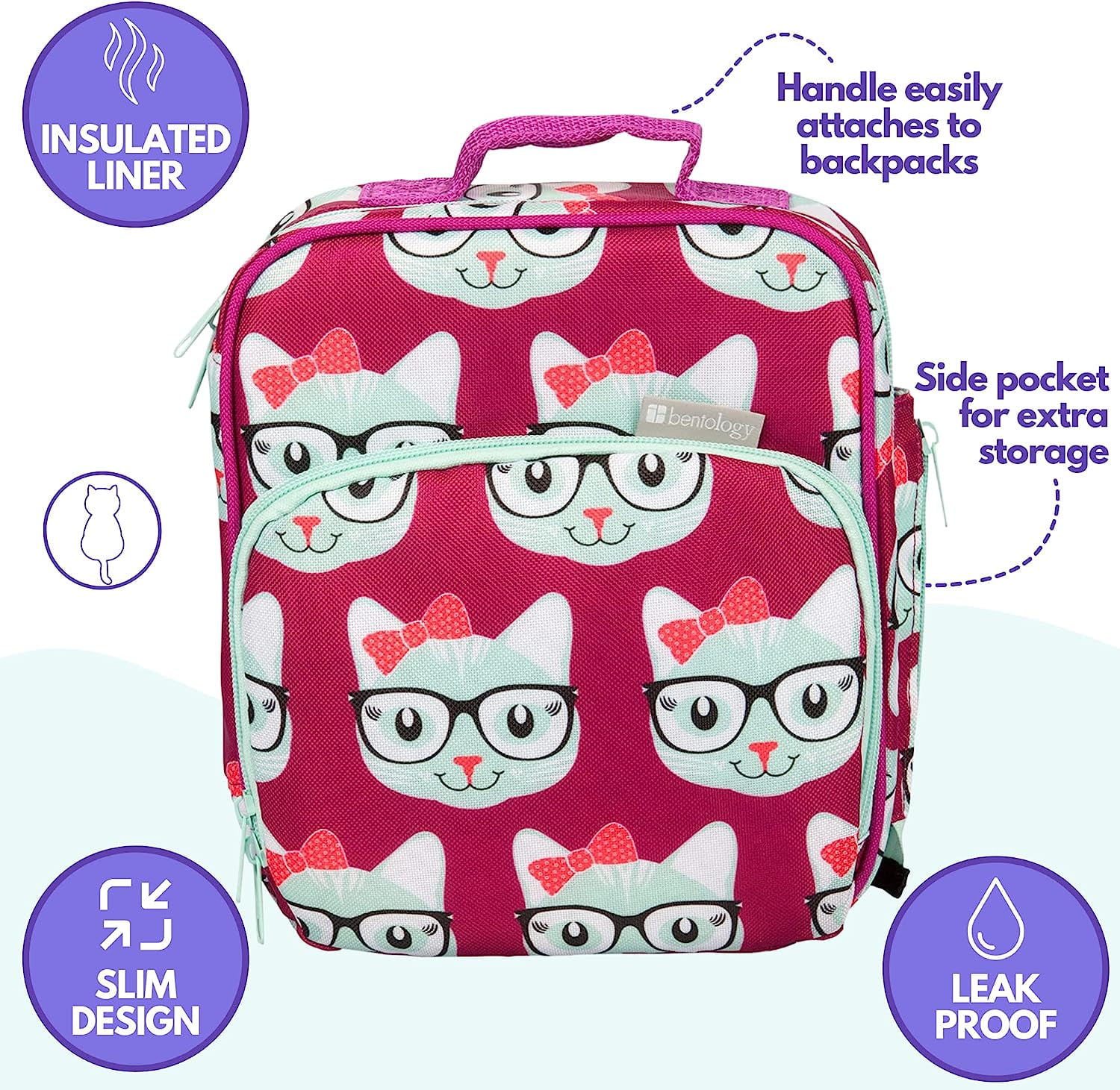 Bentology Lunch Bag Set w Matching Reusable Water Bottle & Hard Ice Pack- Pink Blue Kitty Cat- Insulated Tote, Stainless Steel Insulated Thermos, Hard Ice Pack- Perfect for Kids, Girls & Boys