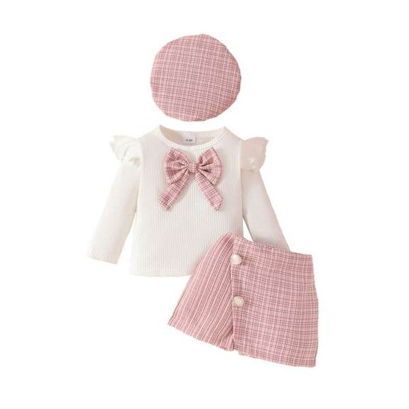 Hotiary Infant Baby Girl Party Skirt 3Pcs Outfit Toddler Ruffle Long Sleeve Bow Ribbed Shirt Top Mini Skirt with Beret Kids Cute Spring Summer Fall Birthday Clothes for 6M-3T Pink
