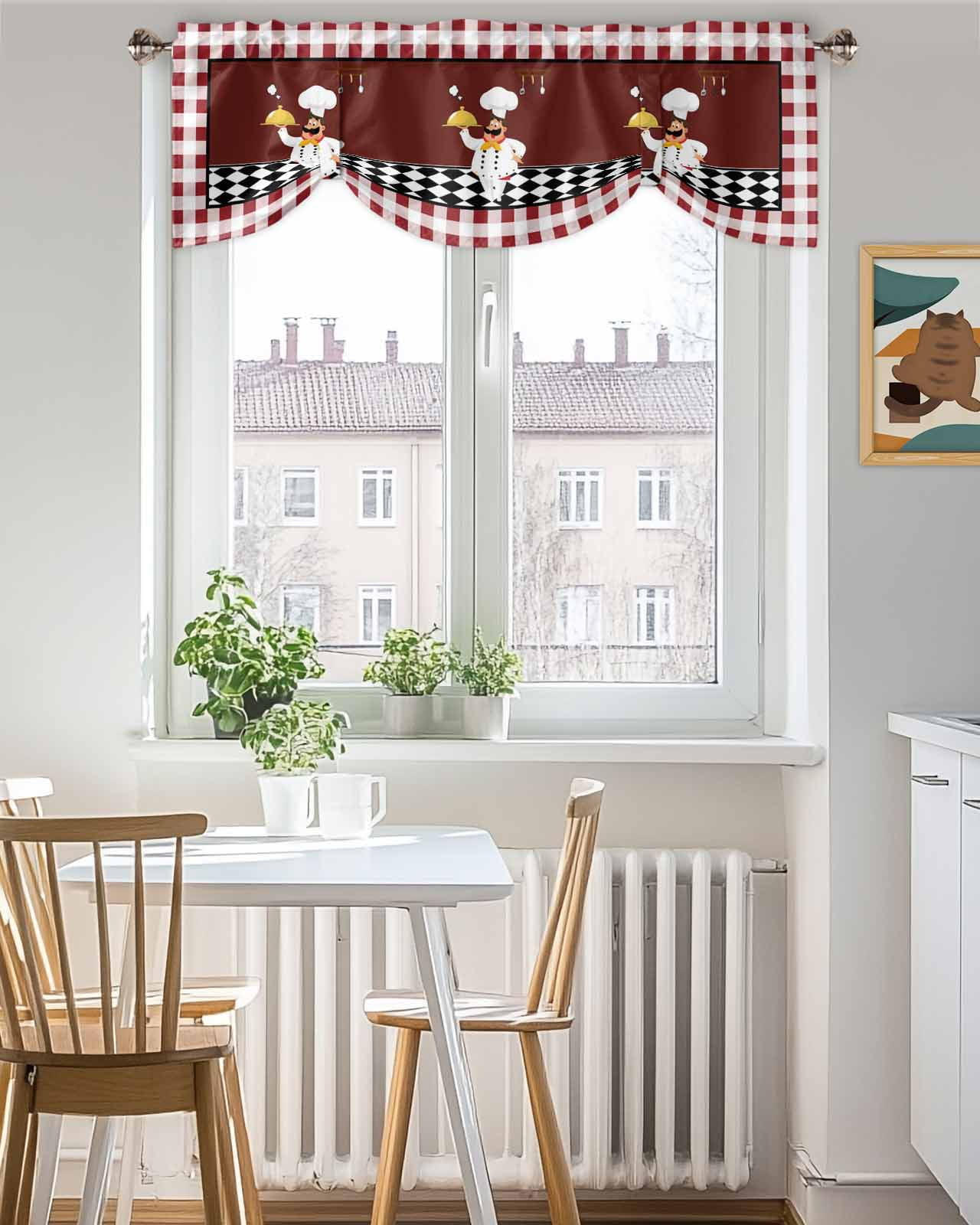 Chef Gourmet Tie Up Valances Curtain, Adjustable Kitchen Red Plaid Kitchen Vintage Farmhouse Valances for Windows Decor, Rod Pocket Short Curtains Set for Bedroom/Bathroom, 60"x18"