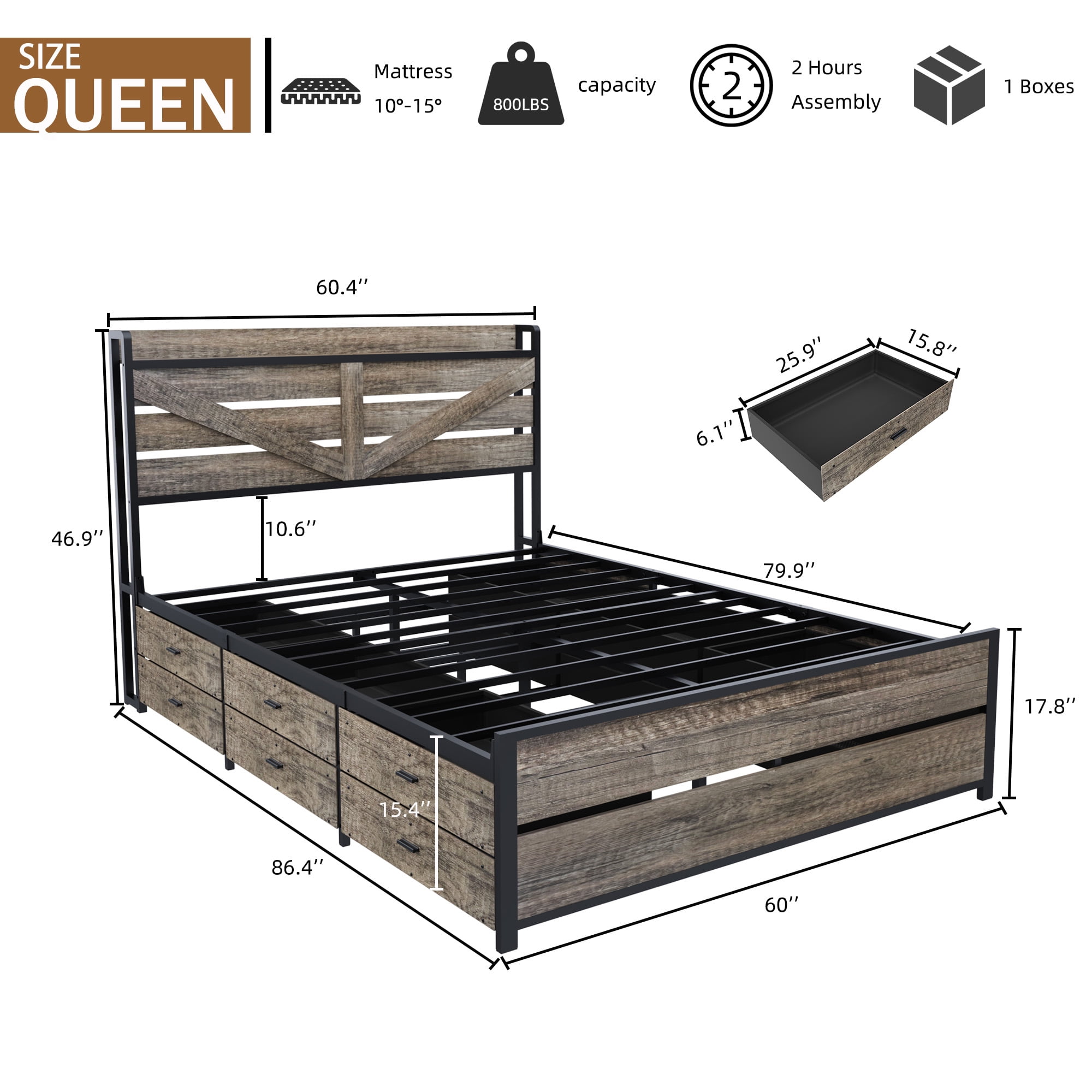 Yoneston Queen Bed Frame with Charging Storage Headboard and 12 Drawers, Farmhouse Metal Platform Bed No Box Spring Required, Brown
