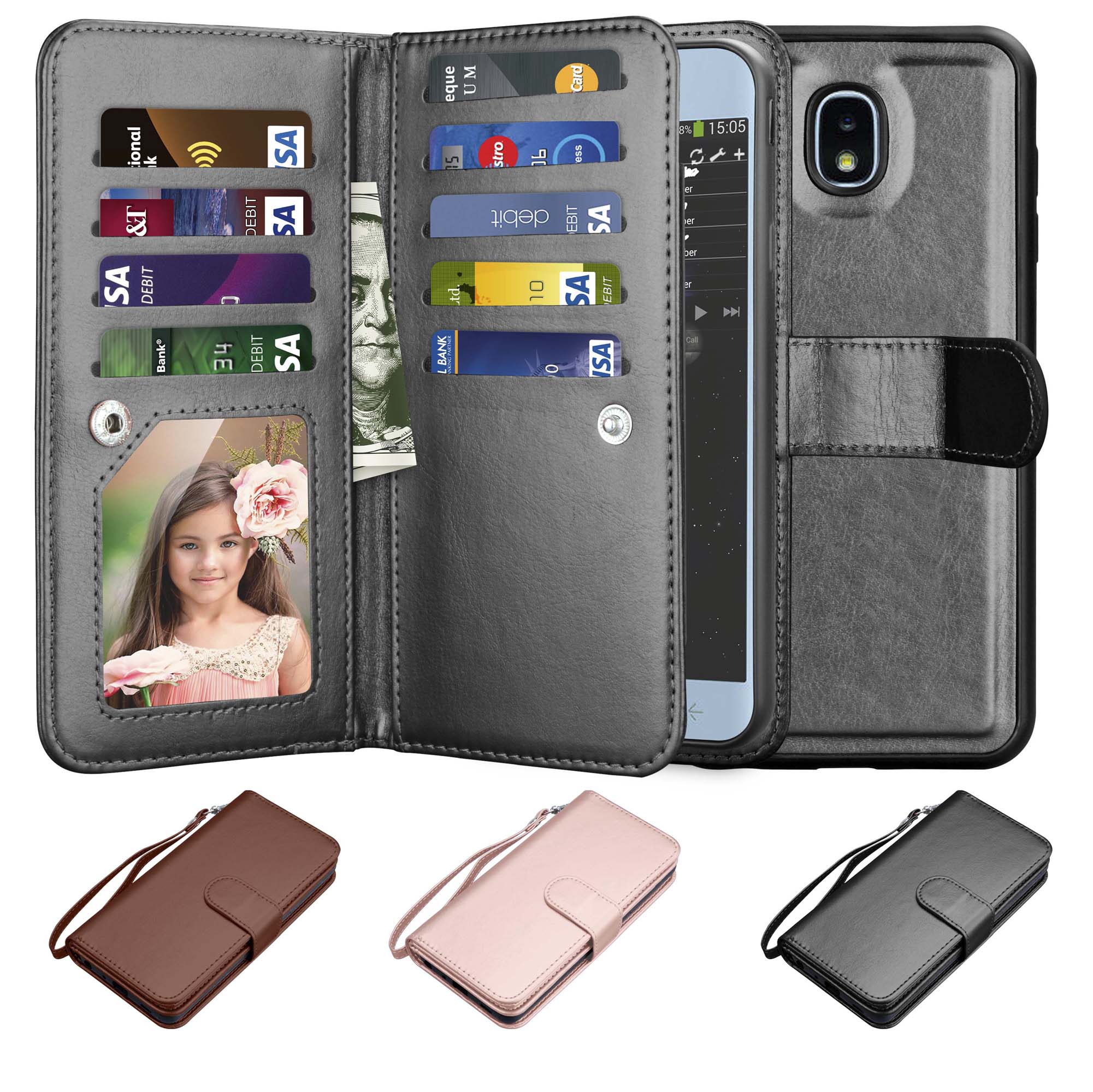 Njjex Wallet Case For 5.5" Samsung Galaxy J7 2018 / J7 V 2nd Gen / J7 Refine / J7 Aero / J7 Eon / J7 Top / J7 Crown / J7 Aura, Wallet Case PU Leather Flip Cover Wrist Strap & Kickstand Black - image 1 of 5
