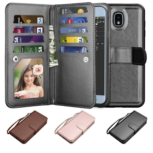 Njjex Wallet Case For 5.5" Samsung Galaxy J7 2018 / J7 V 2nd Gen / J7 Refine / J7 Aero / J7 Eon / J7 Top / J7 Crown / J7 Aura, Wallet Case PU Leather Flip Cover Wrist Strap & Kickstand Black