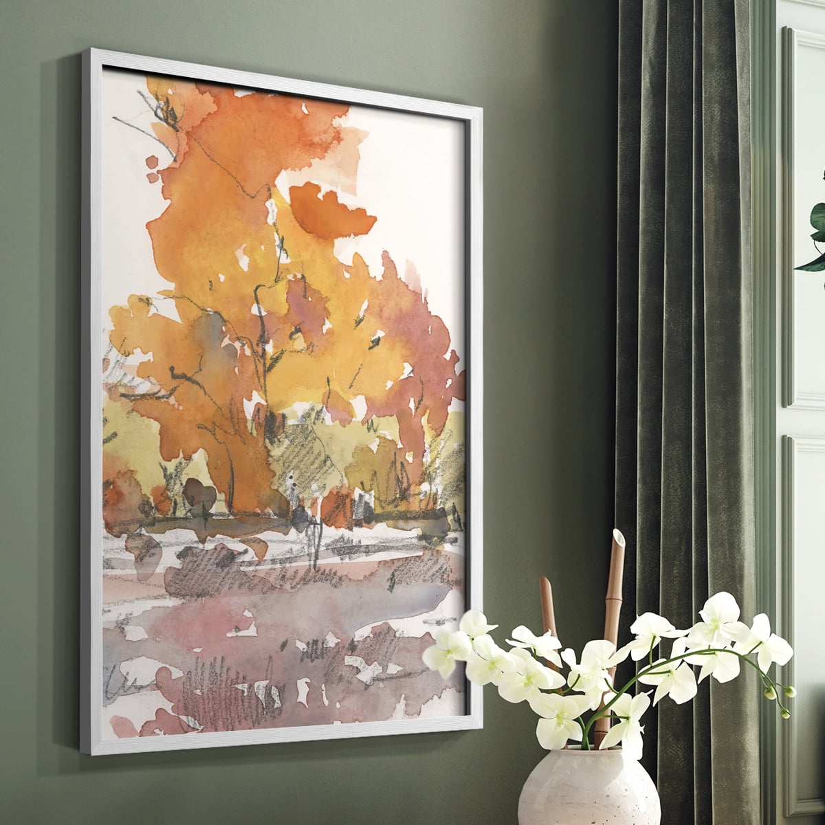 Watercolor Treeline Sketch II Framed Print in White Solid Wood 8 x 10 Framed Print