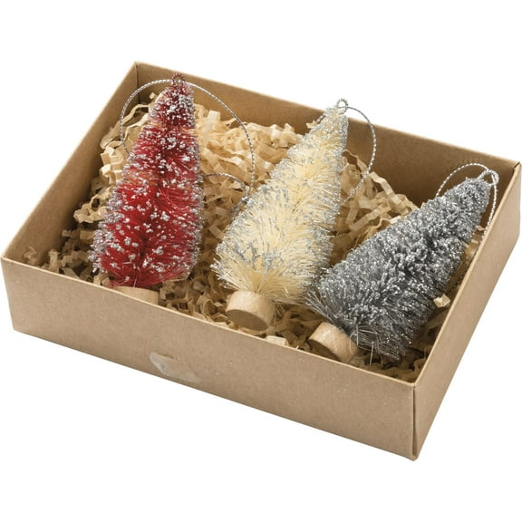 Primitives By Kathy 3 Inches Tall Bristle Glitter Wood Kraft Boxed Sisal Set Of 3 Christmas Trees