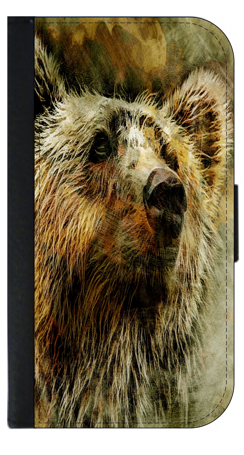 Brown Grizzly Bear Wallet Style Cell Phone Case with 2 Card Slots and
