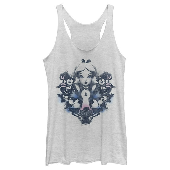 Women's Alice in Wonderland Distressed Ink Portrait Racerback Tank Top White Heather Medium