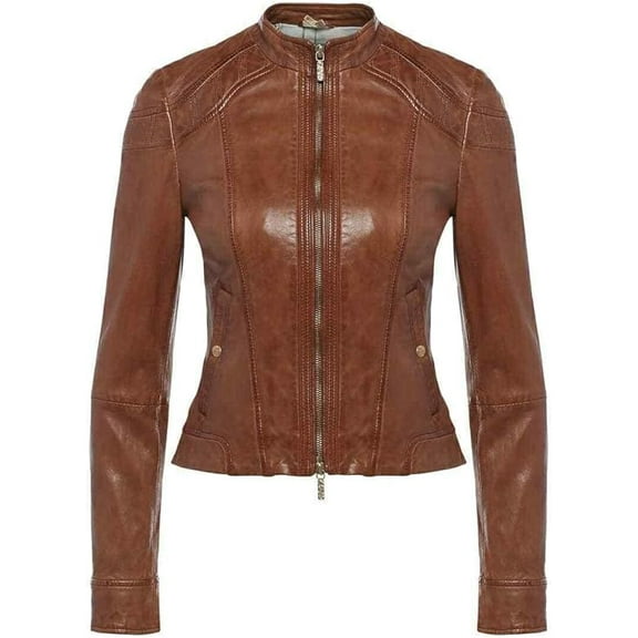 New Womens Genuine Tan Lambskin Leather Jacket Biker Stylish Motorcycle Soft Jacket W464