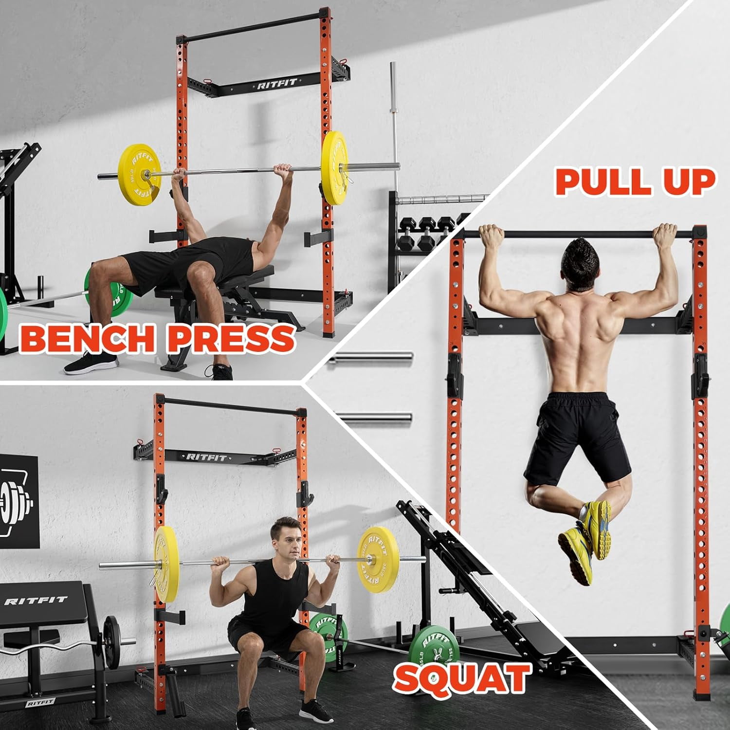 RitFit Multi-Functional Folding Squat Power Rack for Home Gym, 2.36'' x 2.36'' Wall Mounted Squat Rack with Attachments - Space Saving, Orange