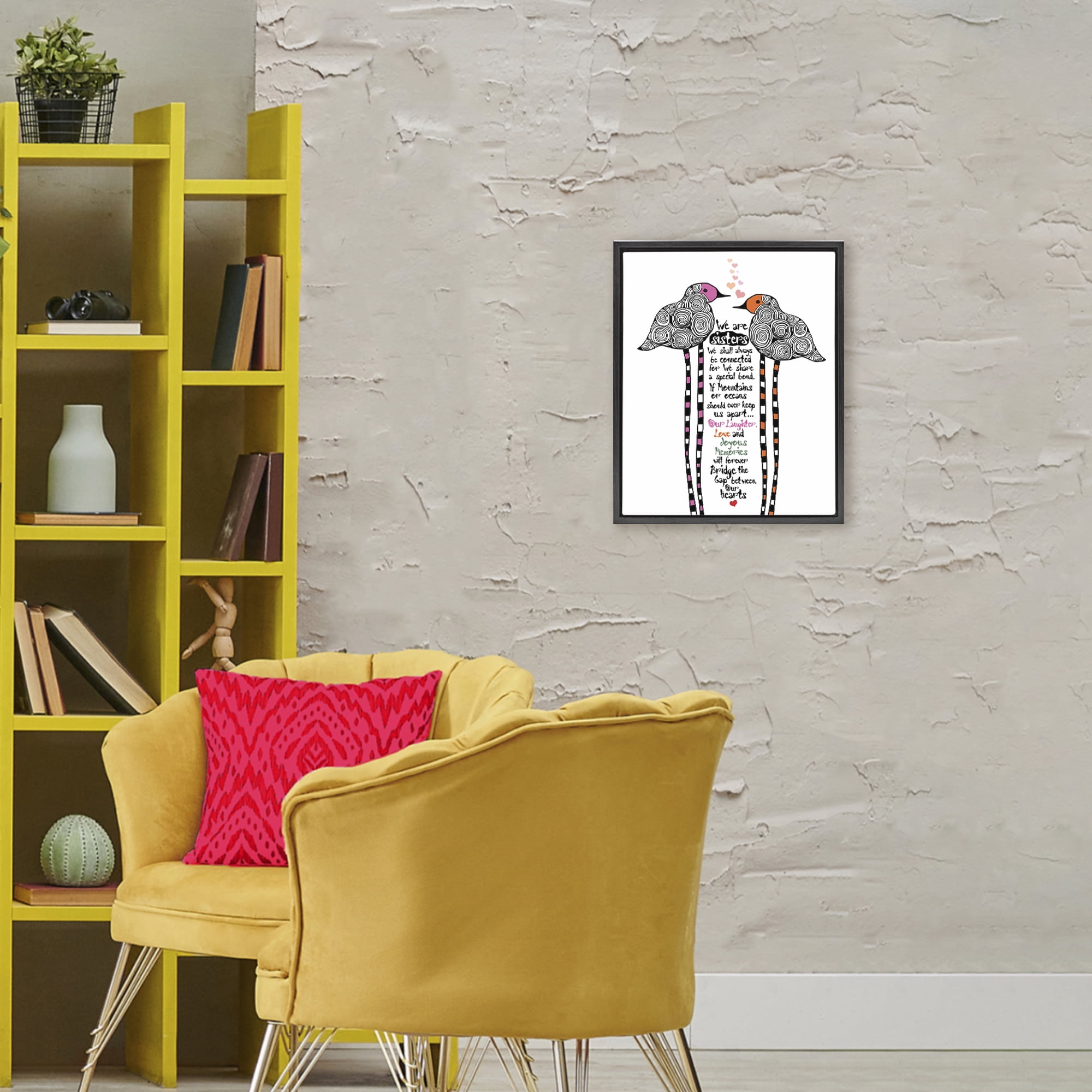 We Are Sisters Bird Duo Black Framed Floater Canvas Wall Art, design by Suzanne Millius