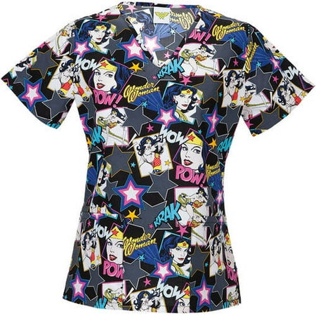 DC Comics Wonder Woman "Wow" Women's Printed V-Neck Scrub Top