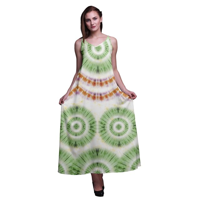 Bimba Robe de Soirée Longue Maxi à Bretelles Spaghetti Dos Nu Imprimée Teinture sur Nœuds en Rayonne pour Femmes - Grande