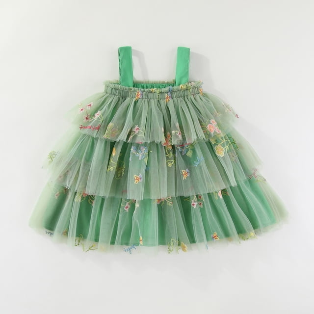 Robe Fille Tout-Petit Robe Bébé Fille Été Sans Manches en Maille avec Broderie Fraise Robe de Fête Princesse Robe Bébé Verte 18 Mois-24 Mois