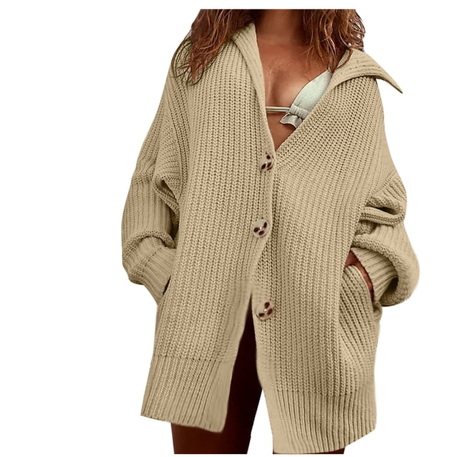 Yuyuzo Fall Cardigans for Women Lapel V Neck Button down Cable Knit Long Sleeve Sweater Jackets Outwear Coat
