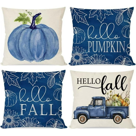 Blue Fall Pillow Covers 18x18 Set of 4 Hello Pumpkin Truck Leaves Outdoor Farmhouse Autumn Fall Pillows Decorative Throw Pillows Cases Decorations for Home Bedroom Porch Couch Sofa Decor