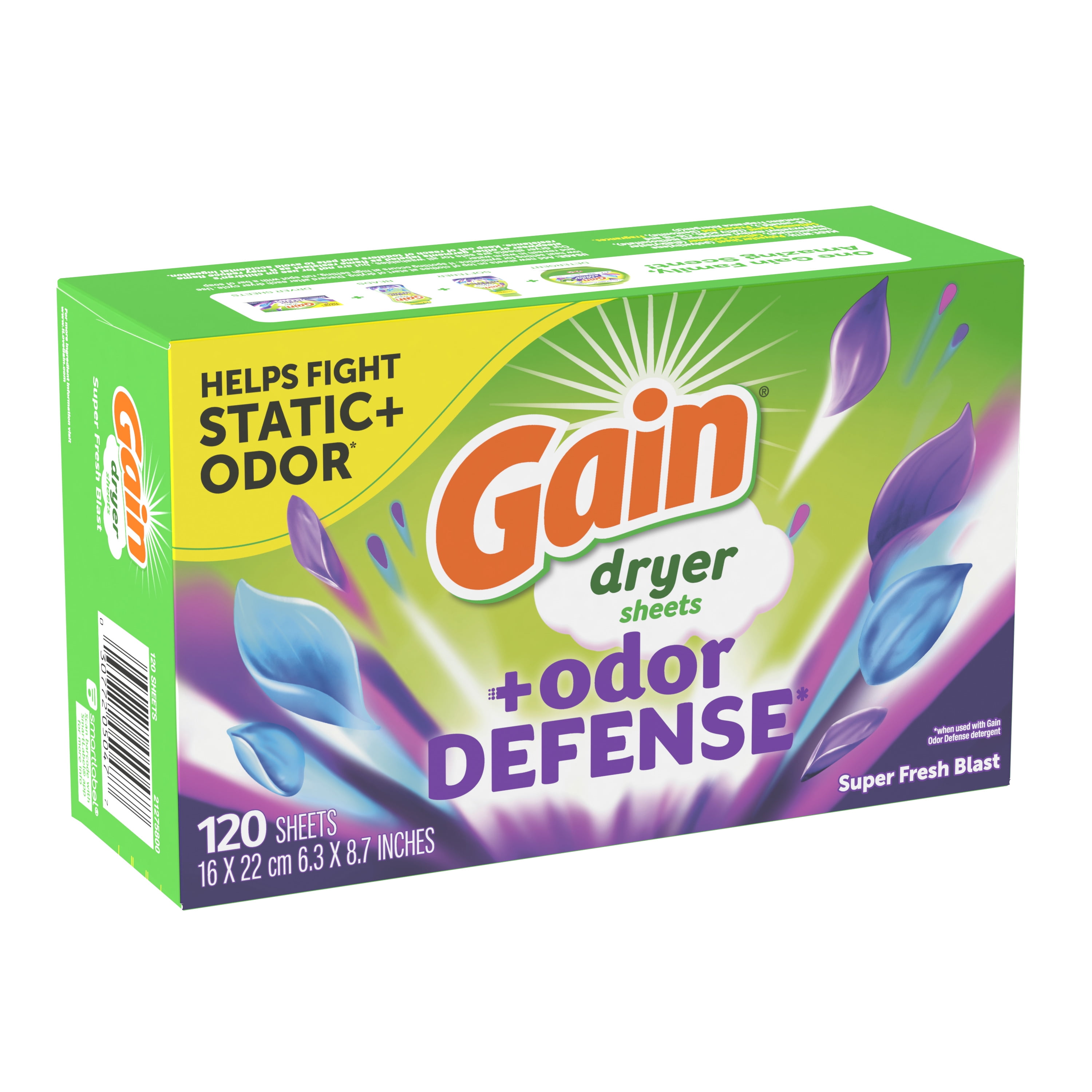 Gain Fabric Softener Dryer Sheets +Odor Defense, Super Fresh Blast Scent, 120 Count