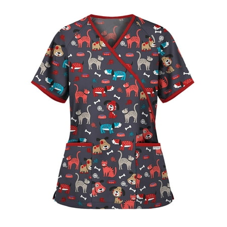 

Women Short Sleeve V-Neck Scrub Top Nurse Working Uniforms T-shirt