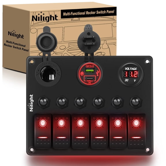 Nilight 6 Gang Rocker Switch Panel Waterproof Pre-Wired Aluminum Panels with PD Type C and USB Cigarette Lighter Socket Voltmeter 12V 24V ON Off Switches for Car Trucks Boats RVs Red