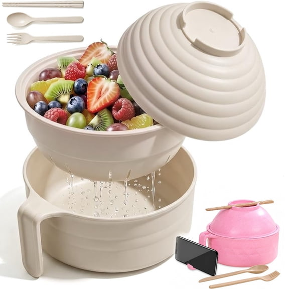 Microwave Ramen Bowl with Strainer, Complete Noodle Cooker Set with Spoon Fork and Chopsticks, Dorm Room Kitchen Essential for Instant Noodles Pasta Soup